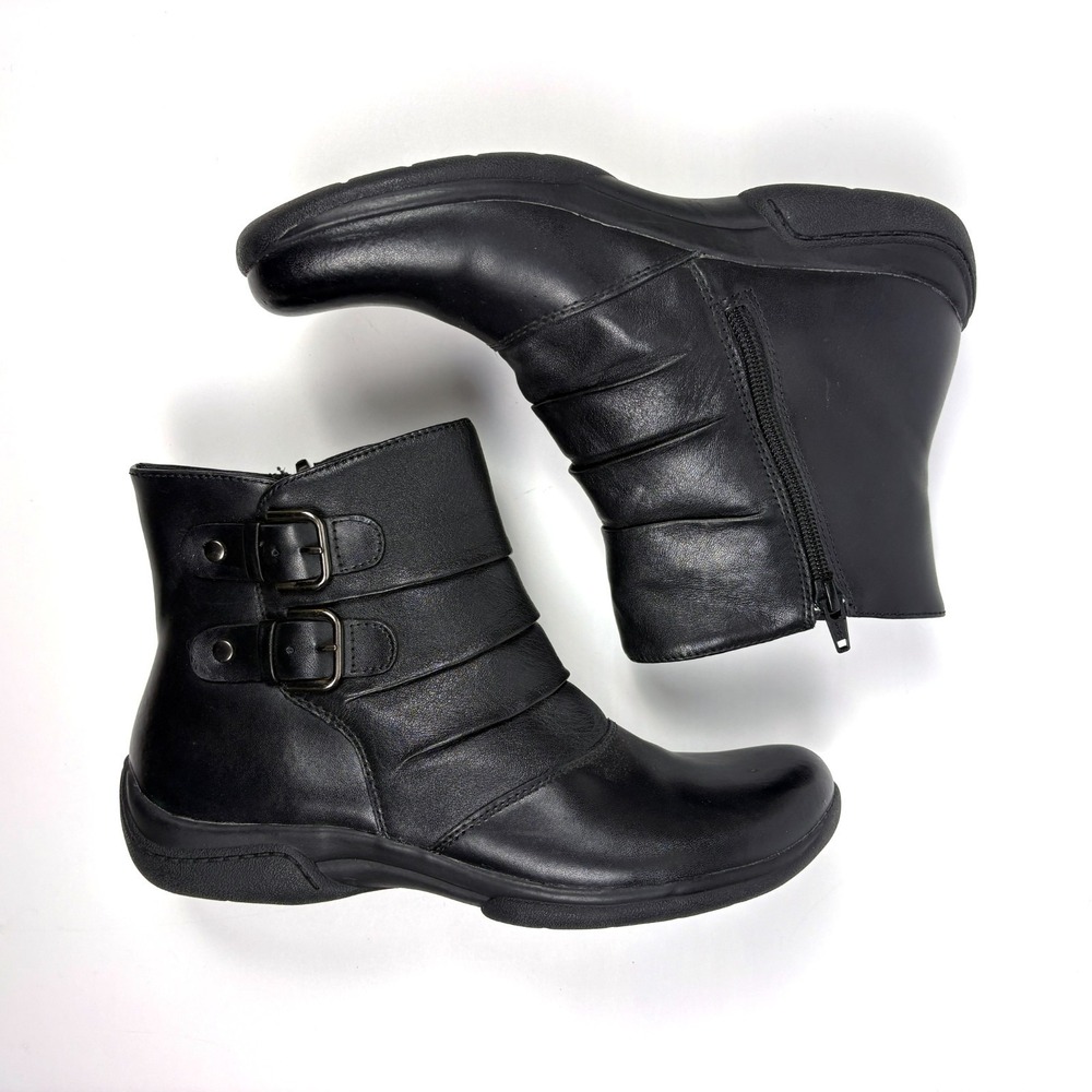 Earth Origins Desoto Leather Ankle Boots Womens Sz 8.5 Black Moto Biker strapsX2